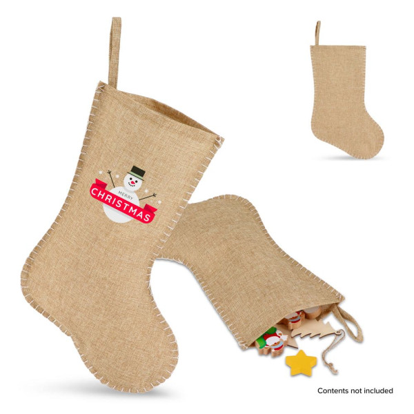 Jute-stijl kerstsok met decoratieve stiksels 40 cm